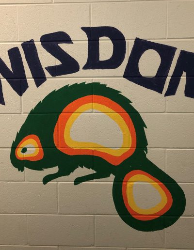 A mural depicting a beaver and the word "wisdom"